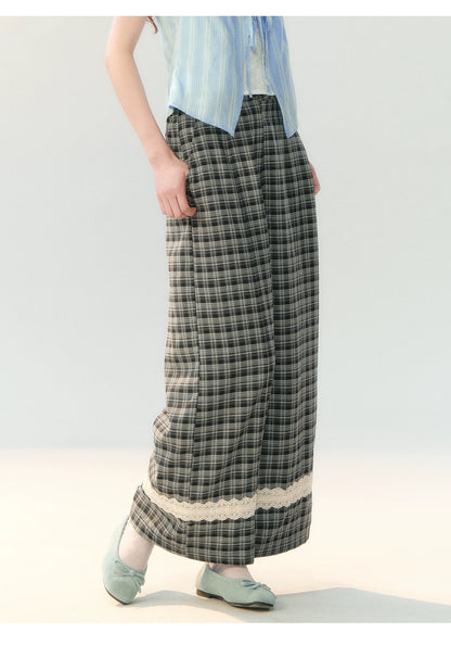 "Gray Cloud Flurry" Plaid Lace Hem Wide-Leg Pants SH2026205