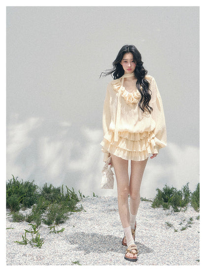 少也眼 “Evening Breeze Skirt” Milkshake Yellow Tiered Chiffon Mini Dress with Scarf Tie & Shorts 534583