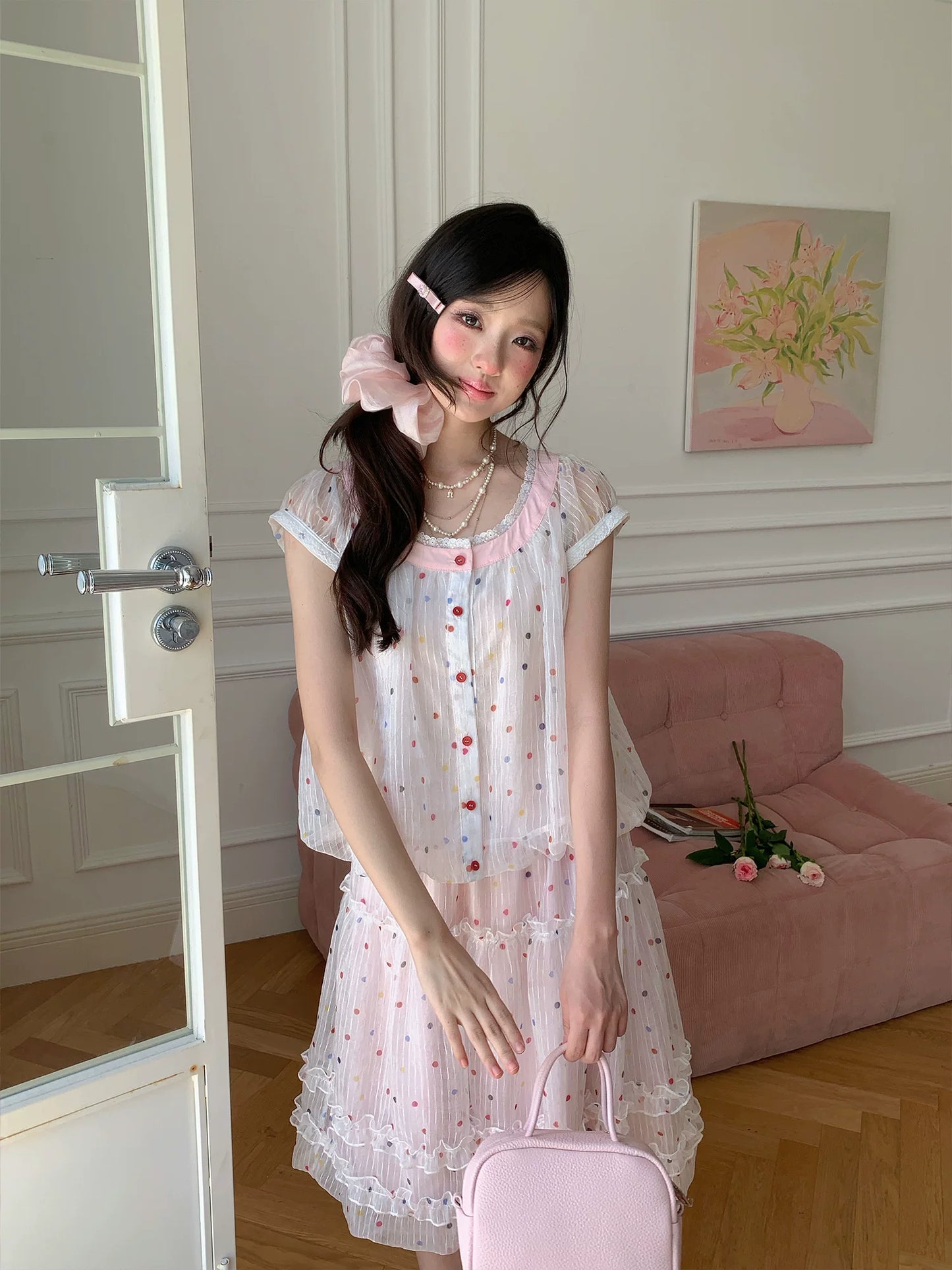 “Strawberry Boba Daydream” Pink Polka Dot Bubble Skirt Set