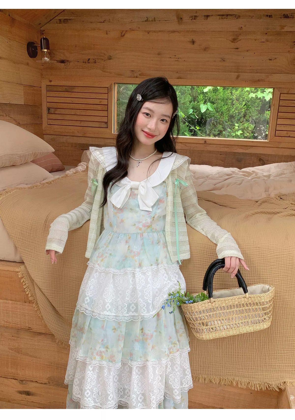 [RF] “Meadow Lilt” Light Green Floral Lace-Trim Tiered Maxi Dress