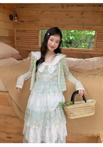 [RF] “Meadow Lilt” Light Green Floral Lace-Trim Tiered Maxi Dress