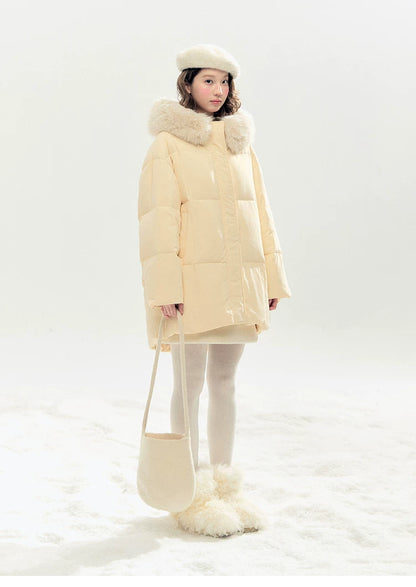 "Butter Soufflé" Vanilla Butter Hooded Mid-Length Down Coat with Faux Fox Fur Trim