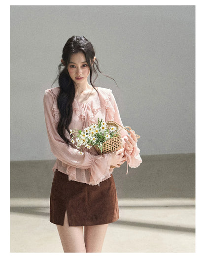 AOMALM - "A Featherlight Touch" French Camellia White Lace Chiffon Top with Belt (Camellia / Oatmeal / Cinnamon Pink)