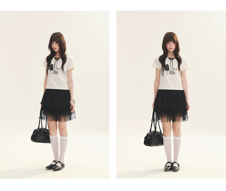 "Black & White Sonata" Polka Dot Mesh Tiered Jellyfish Skirt (White/ Black)