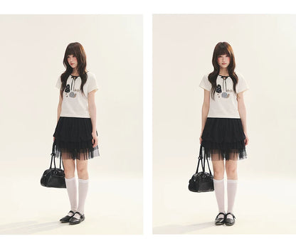 "Black & White Sonata" Polka Dot Mesh Tiered Jellyfish Skirt (White/ Black)