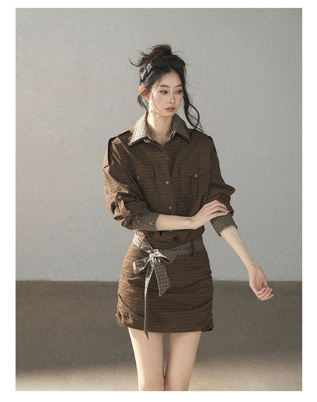 AOMALM - "A Promise Beneath the Oak" Crabapple Brown Plaid Shirt Dress with Belt
