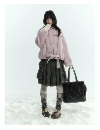 Short Cocoon Wool-Blend Coat (Taro Purple / Oatmeal Gray)