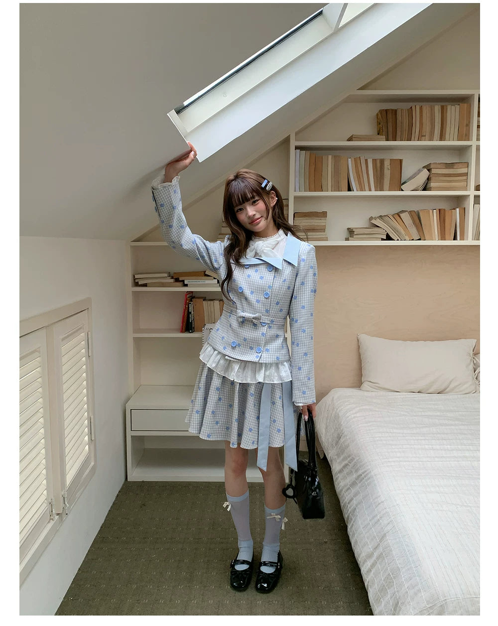 “Bluebell Letter” Light Blue Plaid Blazer Top & Ribbon Skirt