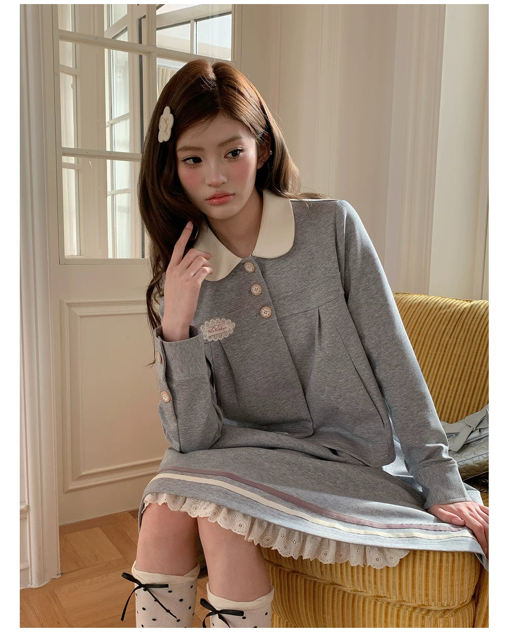 “Misty Academy Reverie” Light Grey Cropped Top & Bubble Mini Skirt