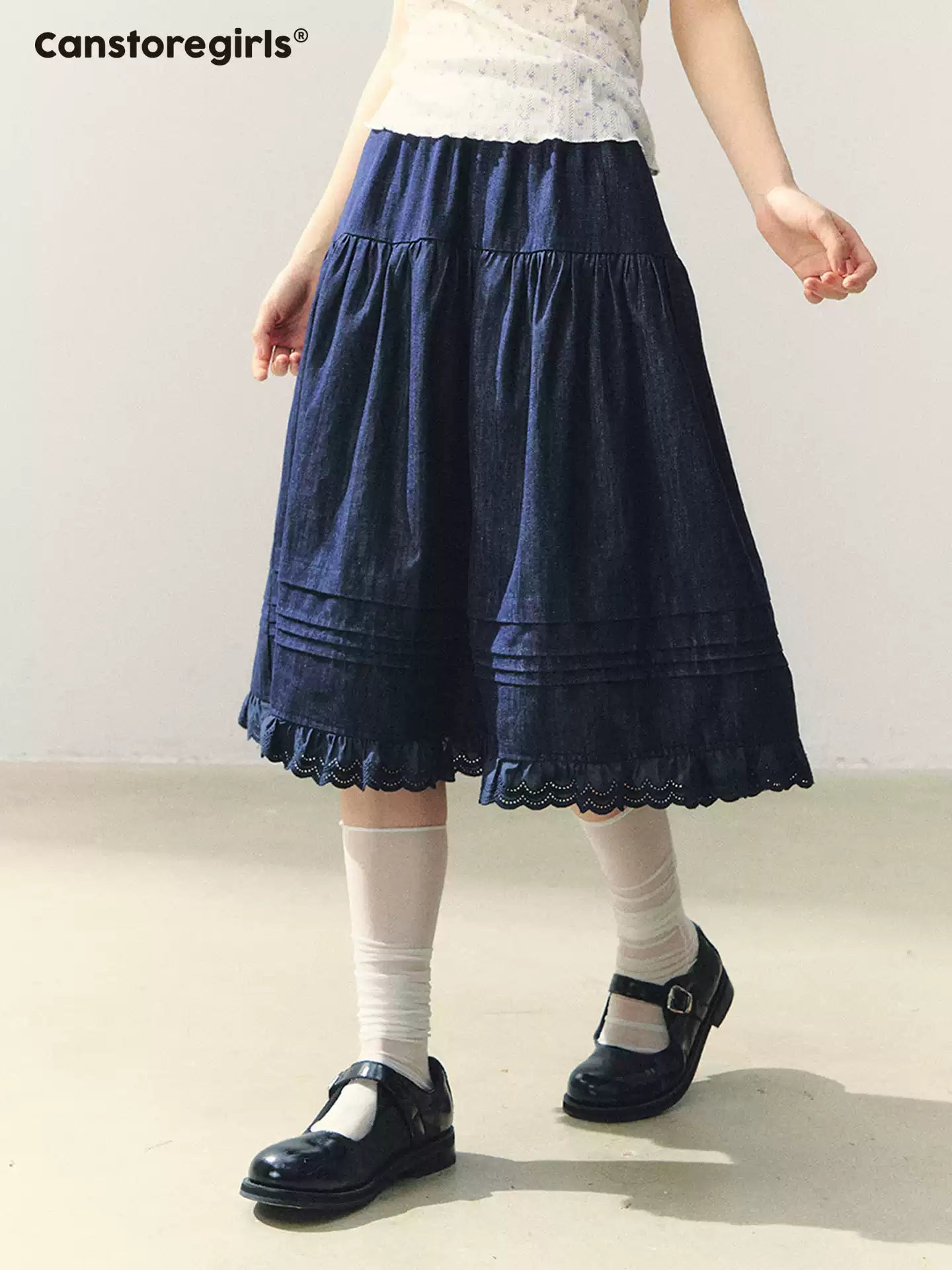 "Old Alley Blues" Lace Trim A-line Midi Skirt WW2026043