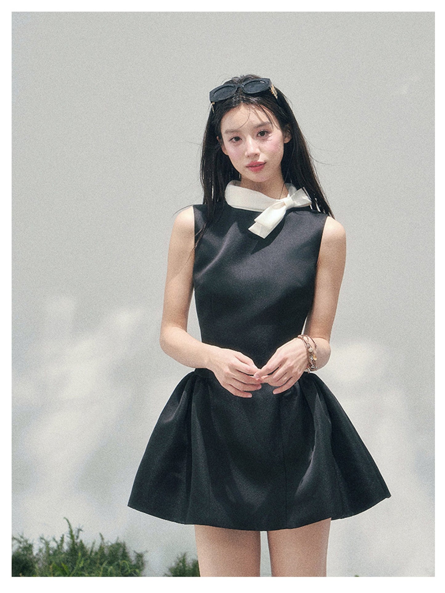 少也眼 “Satin Poise” Tranquil Black French A-Line Dress 145