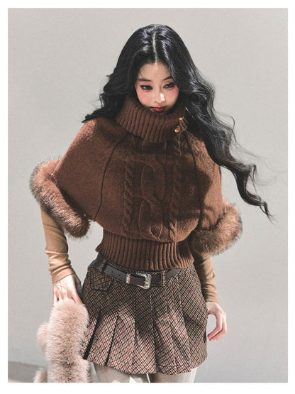 少也眼 “Only She Remains Awake" Brown Mohair High-Neck Knit Sweater (with detachable faux fur)