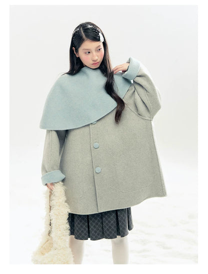 "Double Winter Embrace" Blue & Gray Reversible Wool-Blend Cape Coat