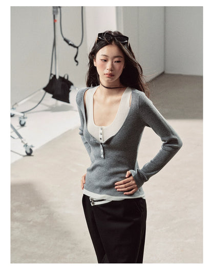 AOMALM - Korean U-Neck Faux Layered Knit Top