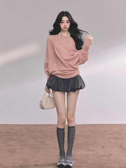 少也眼 “Soft Minimalism” Off-Shoulder Versatile Knit Top - Blush Pink 6416515