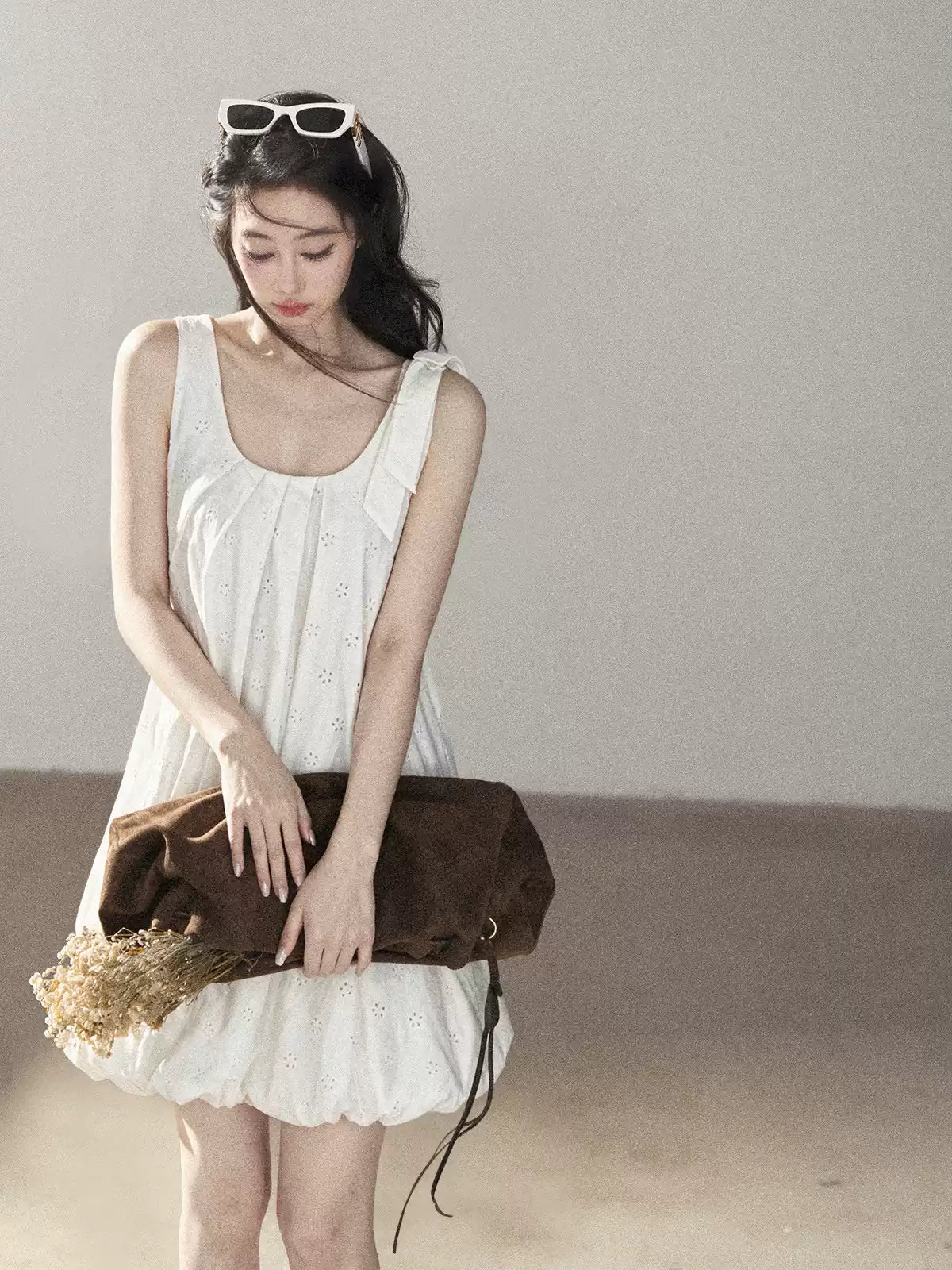AOMALM - One-Shoulder Bow Dress with Cutout Embroidery Detail