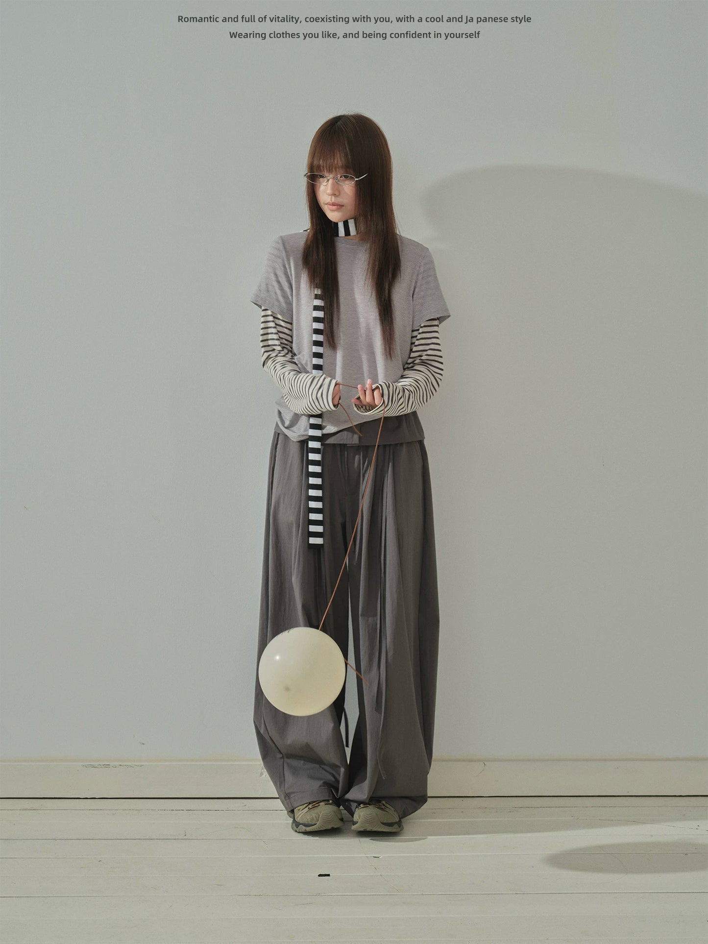 "Quiet Flow" Wide Leg Trousers (Khaki / Charcoal Gray)