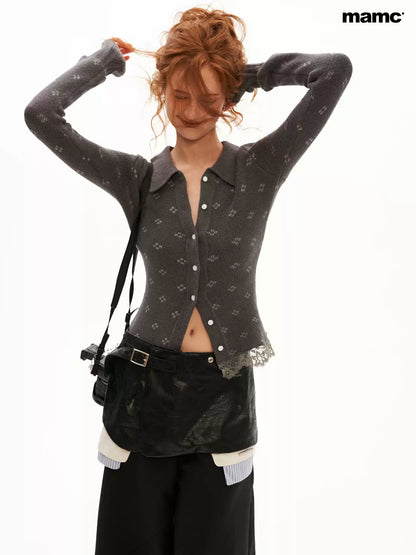 MAMC - Lace Muse Fitted Knit Cardigan (Gray / Ivory)