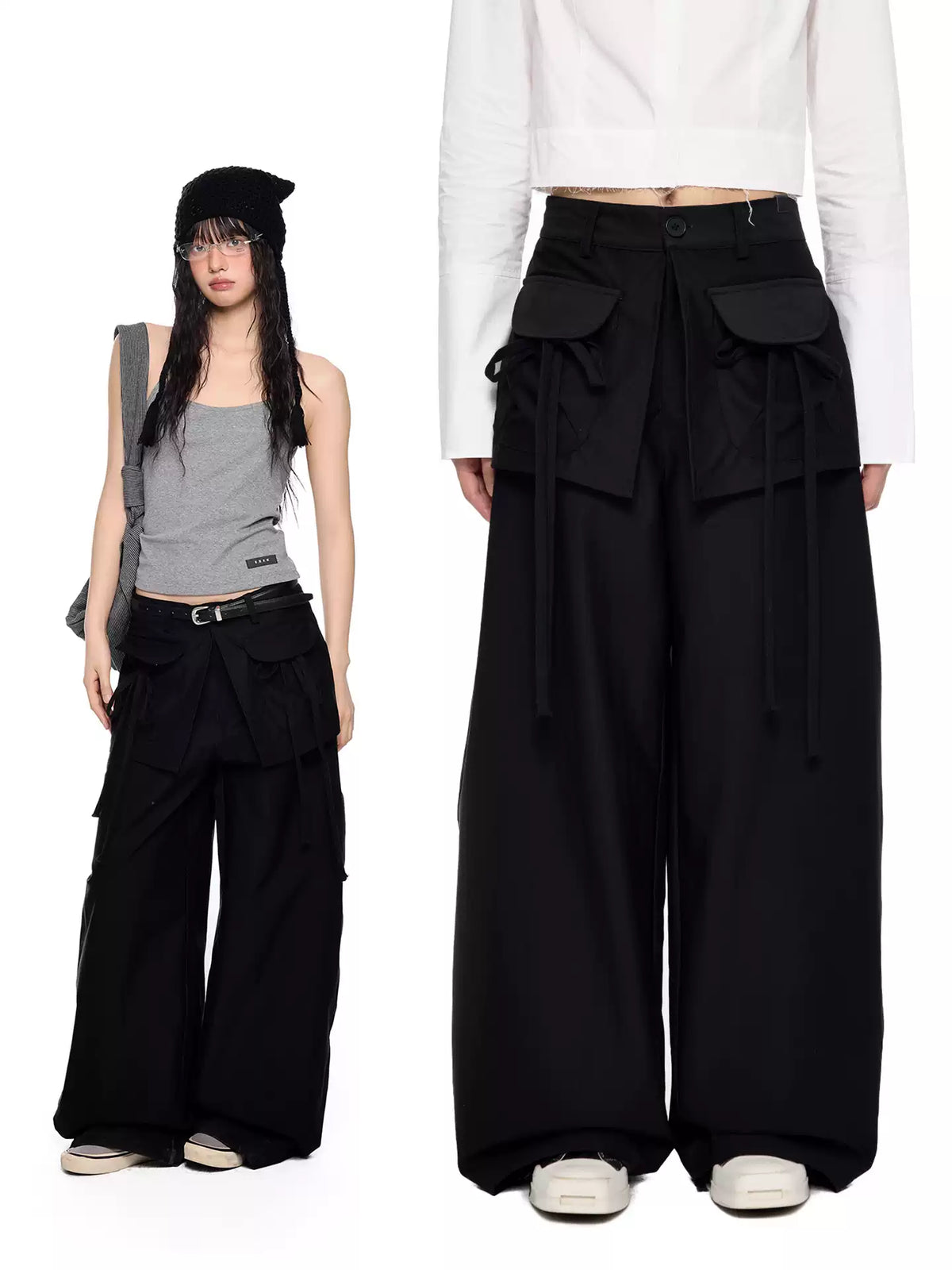 EZEK | Patchwork Drawstring Wide-Leg Lounge Pants (Black / Gray)