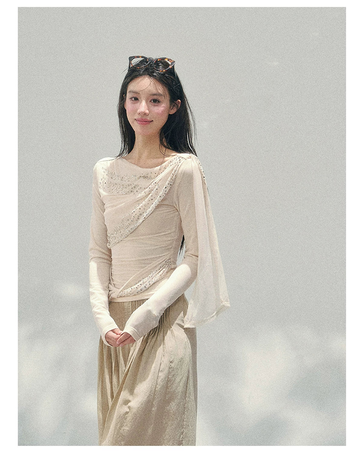 “Frosted Kiss” Milk Apricot Mesh Waist-Cinched Top