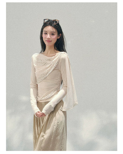 “Frosted Kiss” Milk Apricot Mesh Waist-Cinched Top