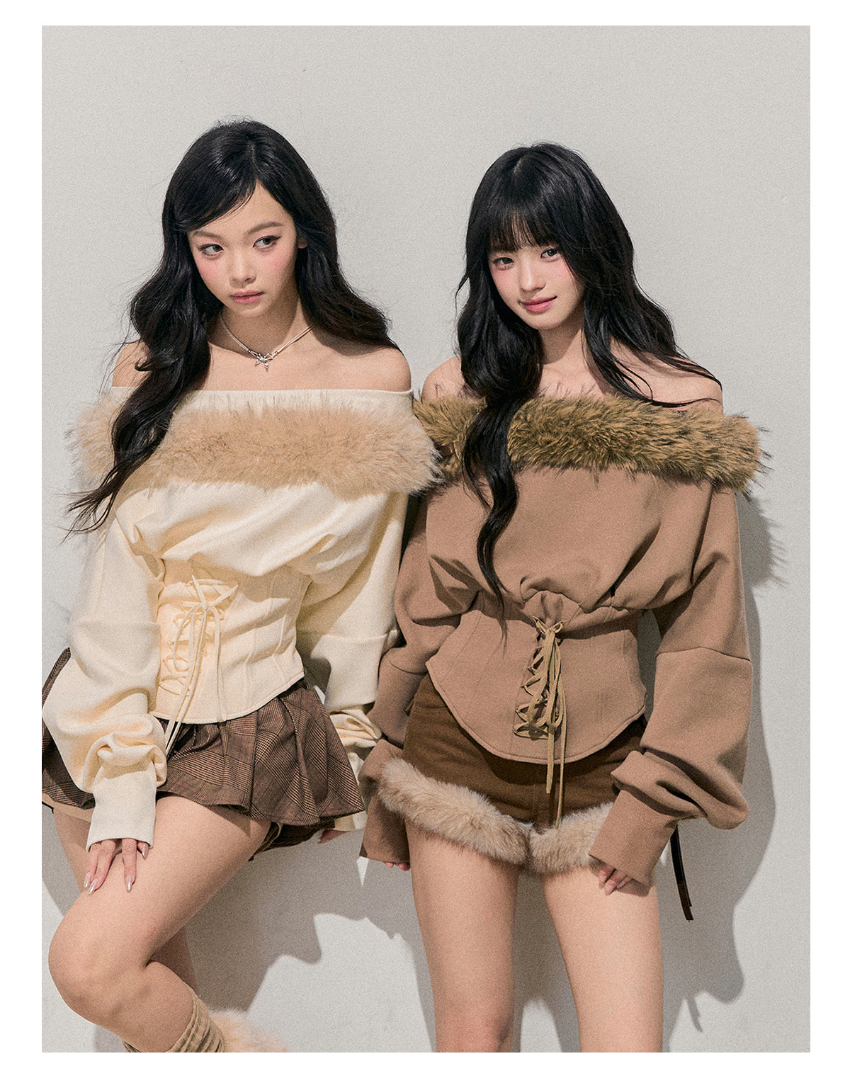 少也眼 "Lingering Sunset Warmth" Off-Shoulder Faux Fur Trim Tee