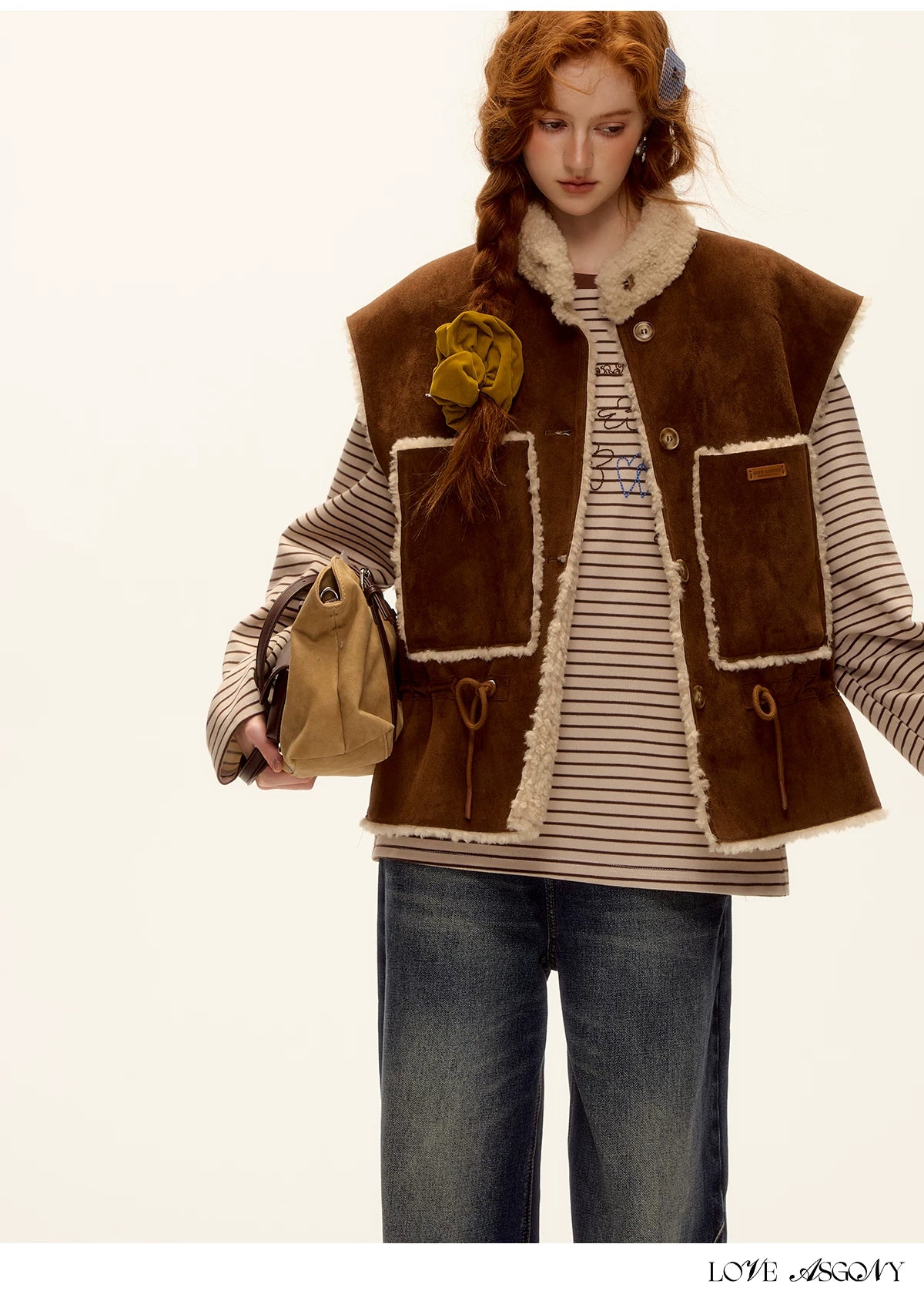 ASGONY - Brown Reversible Suede Faux Shearling Drawstring Vest