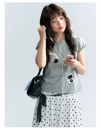 "Walkman Days" Retro Appliqué Puff Sleeve Tee