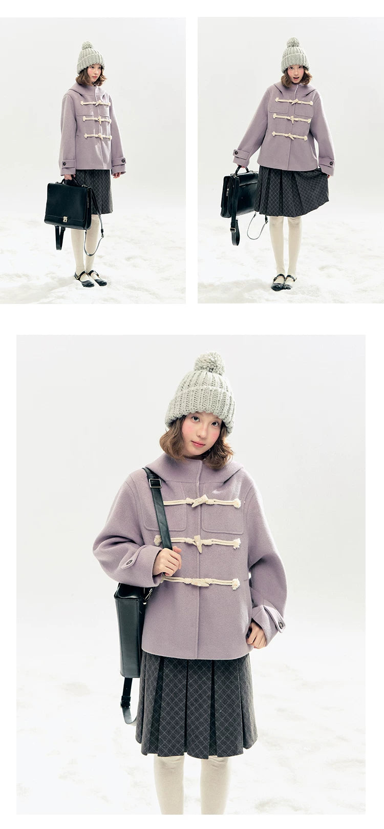"Velvet Snowfall" Purple Mist Hooded Quilted Wool-Touch Duffle Coat