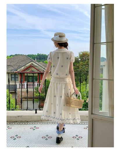 “Flower Sugar Soufflé” Cream Floral Embroidered Skirt Set