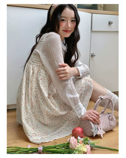 [[RF] “Garden Letter” Floral Print Cream Lace Bow Camisole Mini Dress