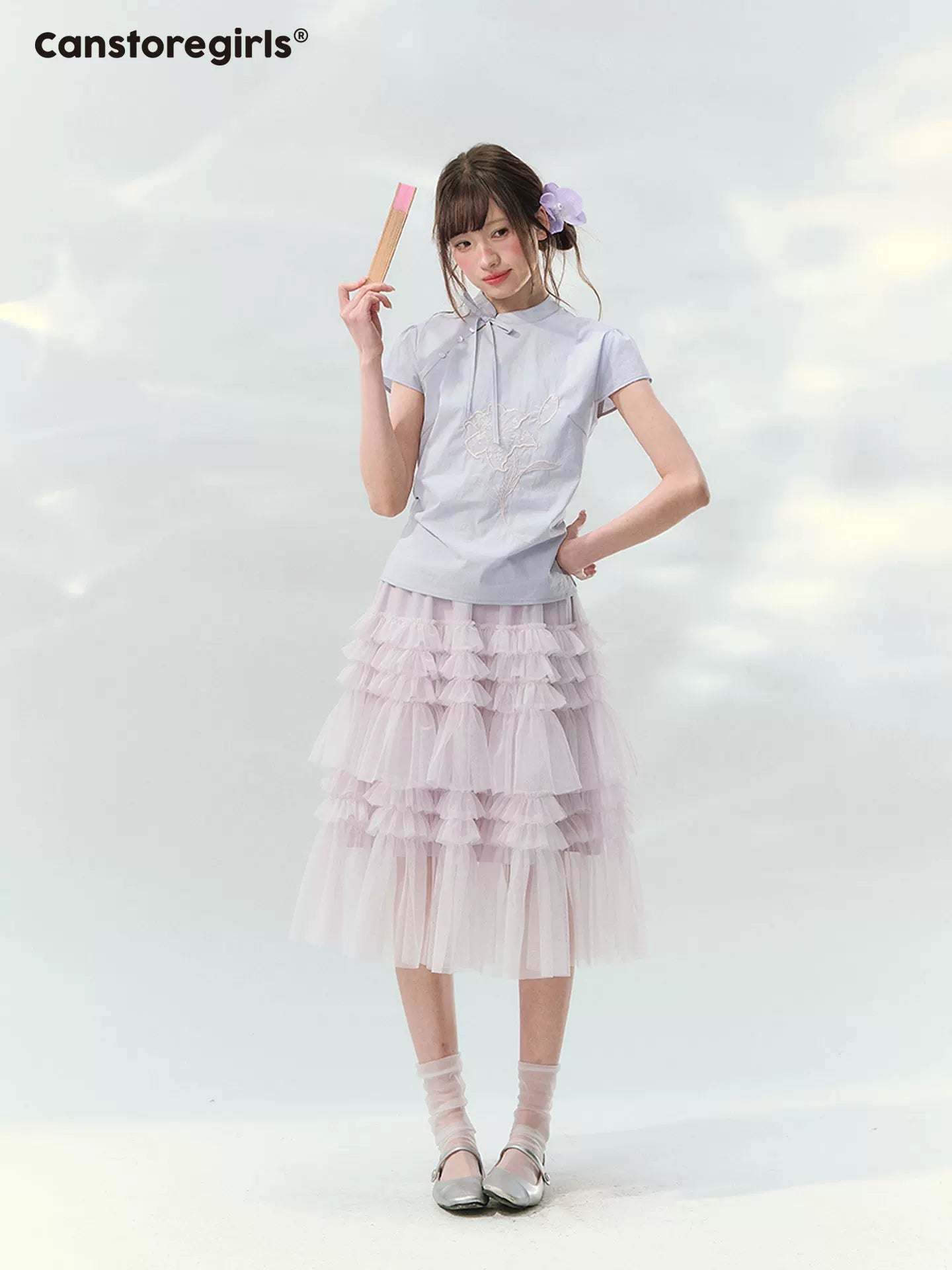 “Taro Peach Layers” Dusty Lilac Tiered Tulle Midi Skirt