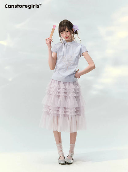 “Taro Peach Layers” Dusty Lilac Tiered Tulle Midi Skirt