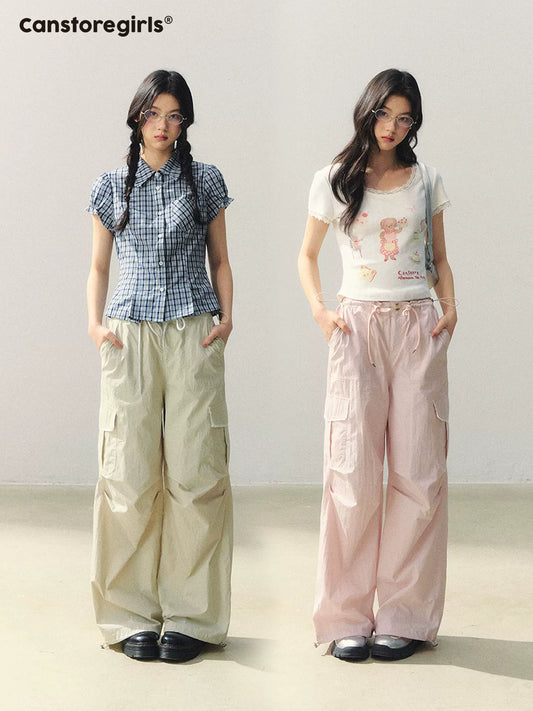 "Pink Haze Stroll" Sweet Utility Wide-Leg Cargo Pants LL2026061