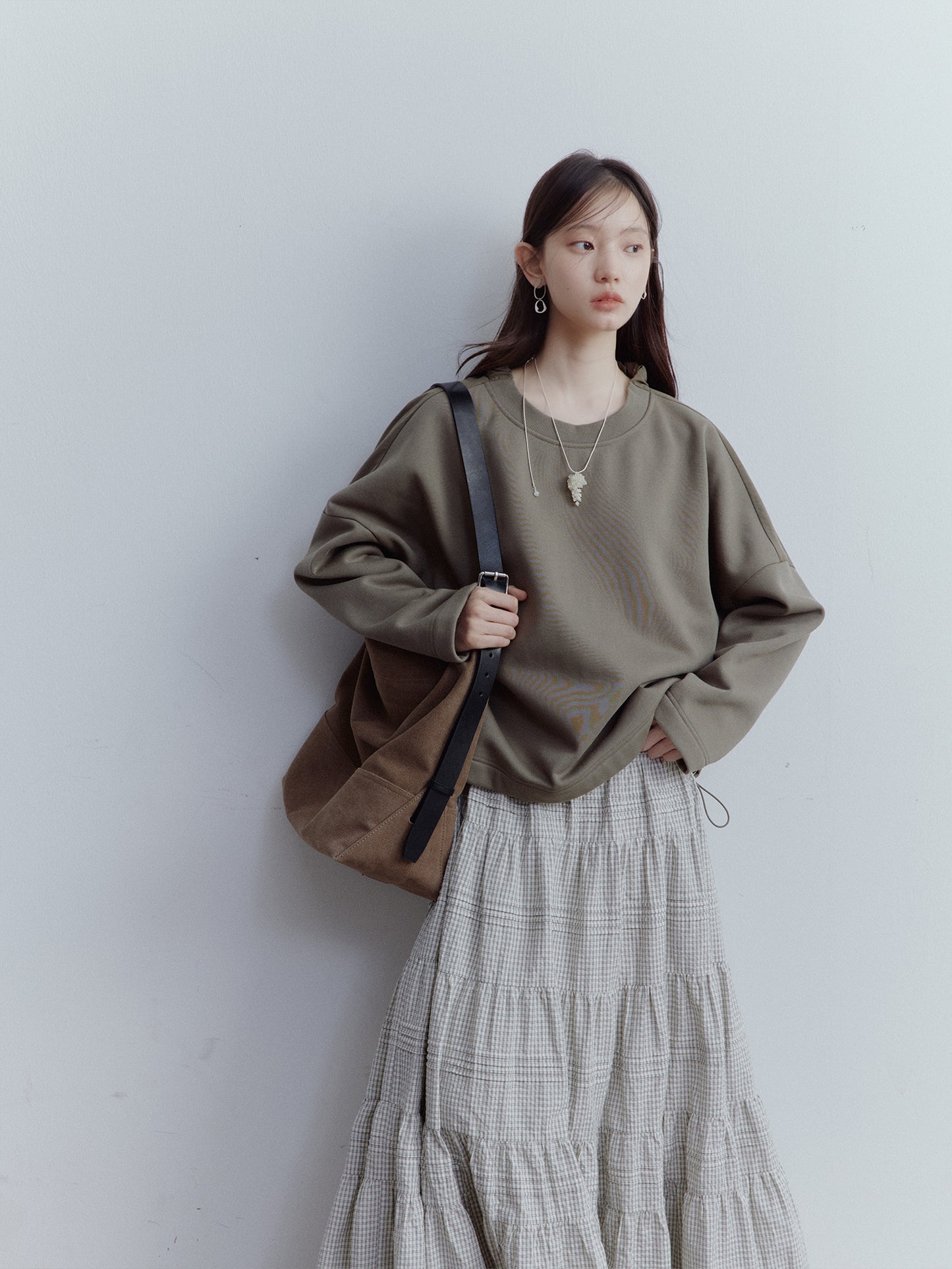 FUSSED Gray-Brown Green Reversible Patchwork Pullover Top FOF-25SS144a