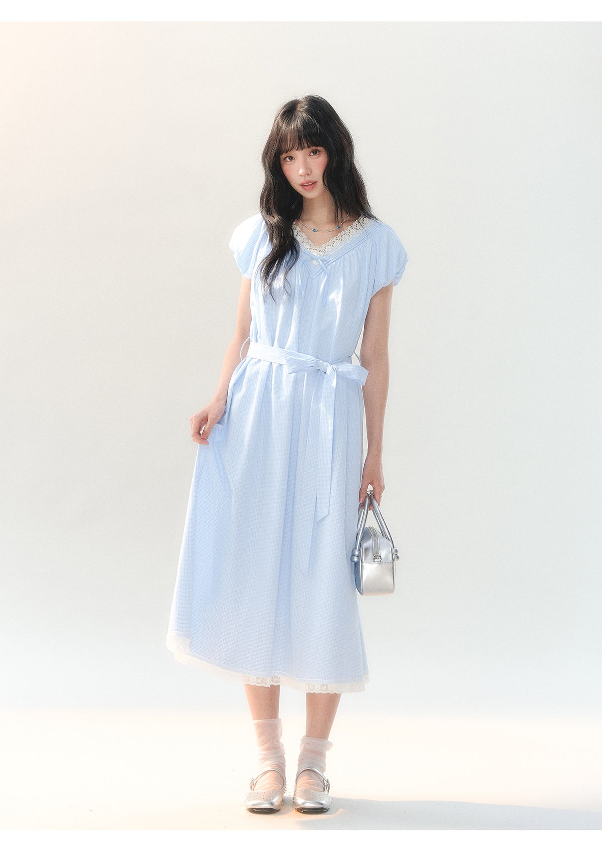 [CAN] "Cloud Daydream" Sky Blue Plaid Lace V-Neck Puff Sleeve Dress