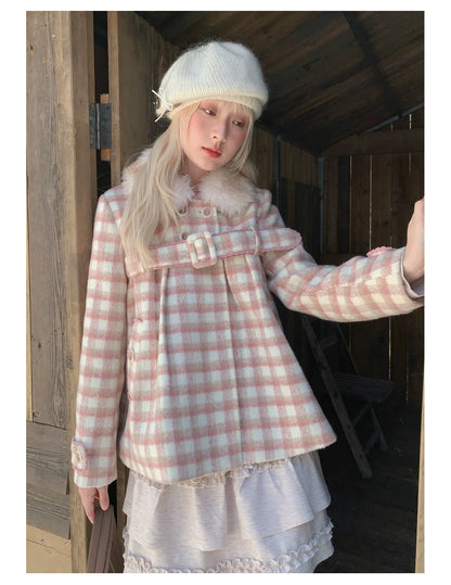 RF - Dusty Pink Plaid Wool-Look Coat with Detachable Fur Collar
