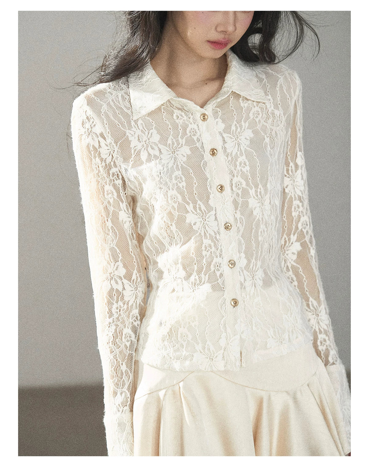 AOMALM - "Vine Texture" Dutch Cream French Lace Polo Collar Cutout Cropped Top