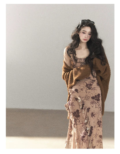 AOMALM - "Wildflower Date" Milk Tea Brown Ruffle Floral Maxi Dress (With Matching Hair Tie)