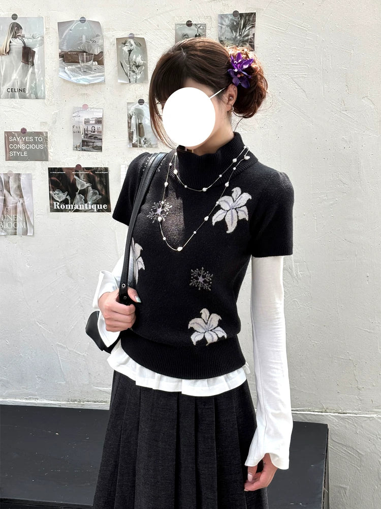 "Showa Lily" Black Knit Sweater Vest Set