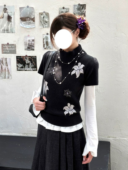 "Showa Lily" Black Knit Sweater Vest Set