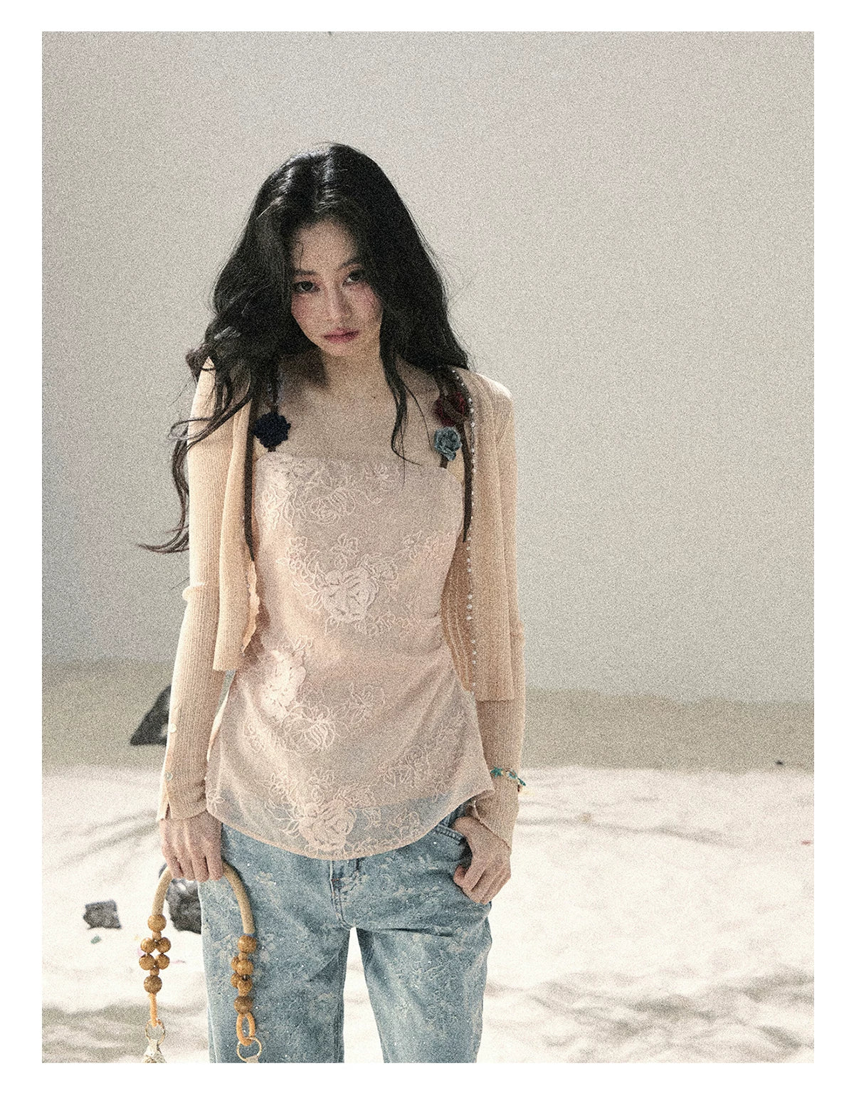 "Begonia in the Evening Breeze" Lotus Pink Embroidered Floral Cami Top