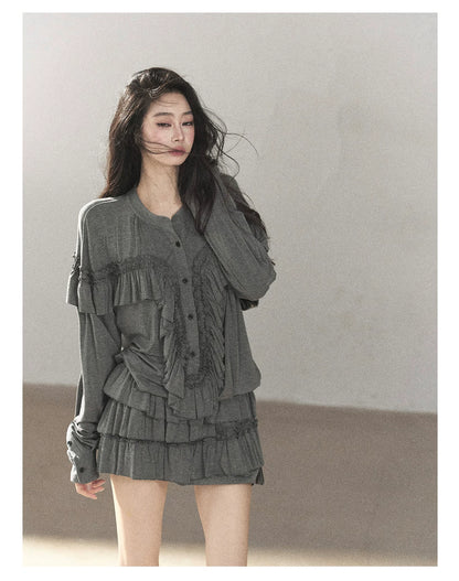 AOMALM - "Echoes in the Folds" Pearl Gray Relaxed Layered Mini Skort Set
