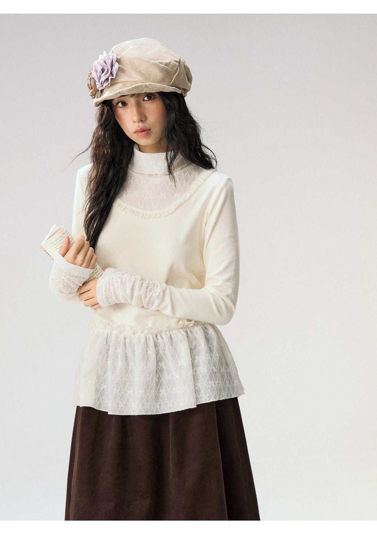 [CAN] “Cream Cloud” Ivory Lace Ruffle High-Neck Top
