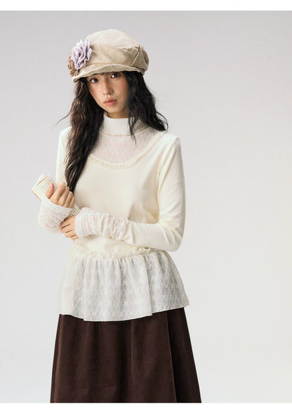 [CAN] “Cream Cloud” Ivory Lace Ruffle High-Neck Top