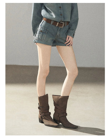 AOMALM - "Borrowed Sunshine" Vintage Blue Denim Commuter Set (Top + Shorts with Belt)