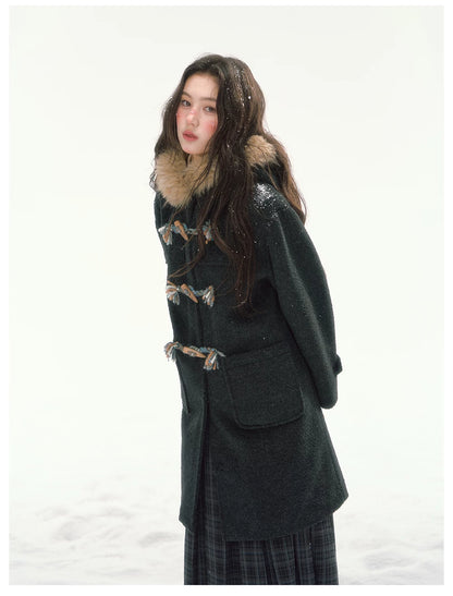 CANSTORE - "Winterland Journey" Black Hooded Wool-Blend Coat with Detachable Faux Fur Collar