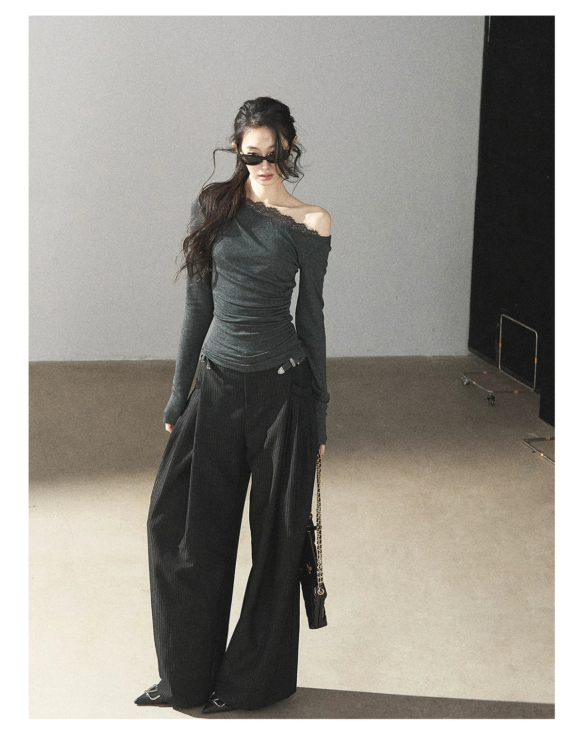 AOMALM - "Midnight Glow" Black Striped Satin Wide-Leg Pants