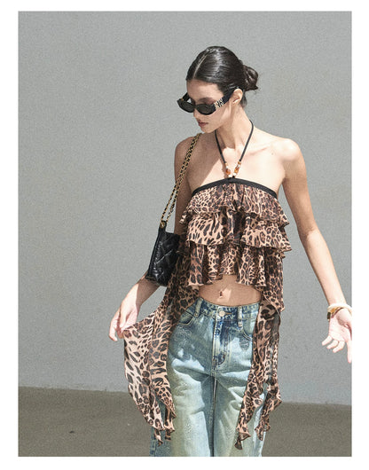"Chasing the Sunset" Chestnut Brown Leopard Halter Ruffle Crop Top