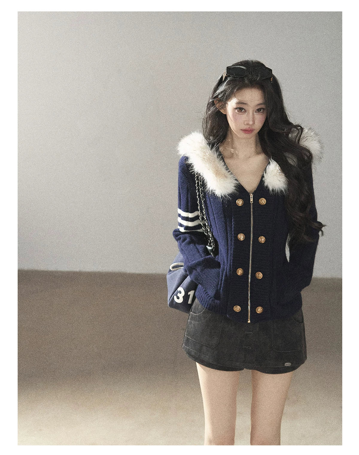 AOMALM - Blue Hooded Cable-Knit Sweater Jacket with White Stripes